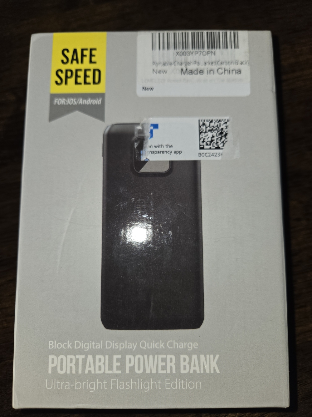 Portable Power Bank with LED Display and Flashlight - Black